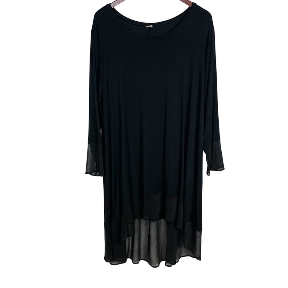 Black Long Sleeve Dress w/ Sheer Panel Hi-Lo Hem and Sheer Sleeve Endings Sz. 2X